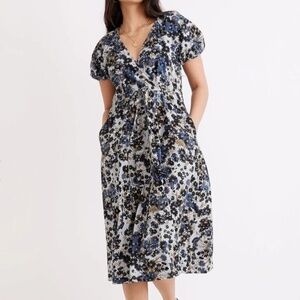 Madewell Drawstring Faux-Wrap Midi Dress in Daisy Reverie